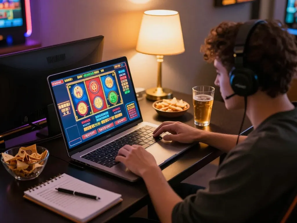 Playing slot88 gacor on a laptop, showcasing an engaging online casino experience at home with snacks