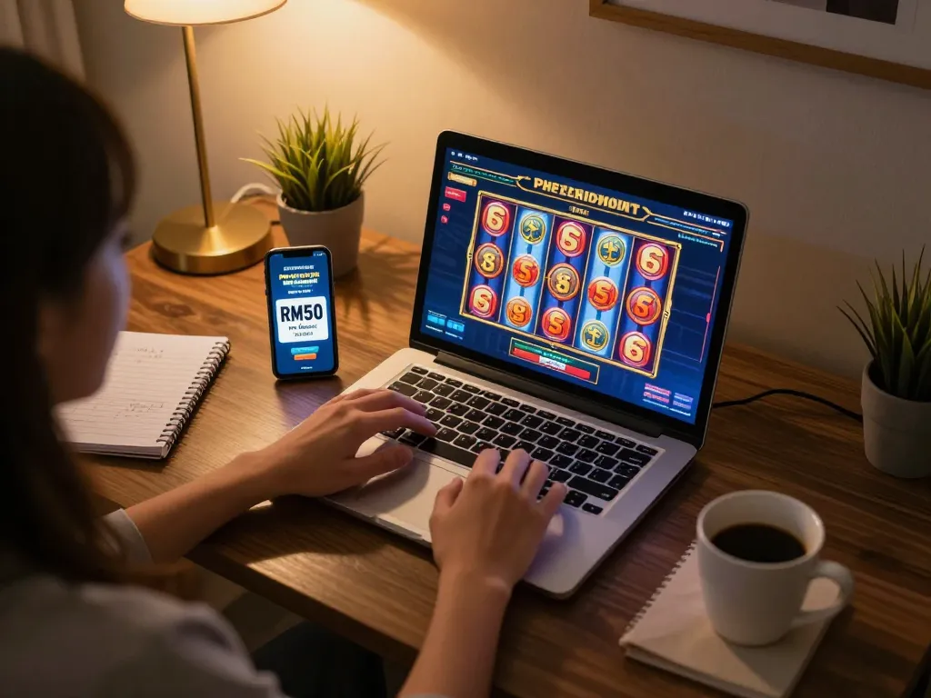 Paparan permainan dalam talian yang menarik menunjukkan promosi kredit percuma RM50 tiada deposit di skrin, seorang pemain yang terpesona dalam permainan slot.