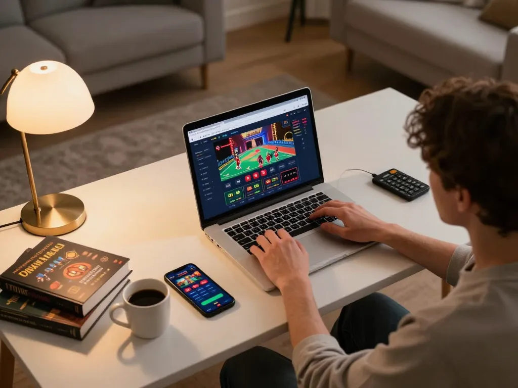 Person enjoying online casino gaming at home using MMOO website with laptop and strategy notes.