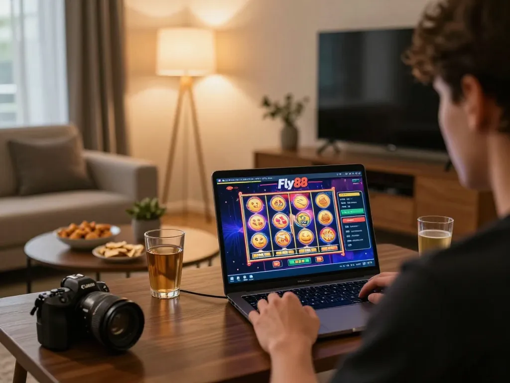 Engaging in online casino gameplay on Fly88 with vibrant slot machines