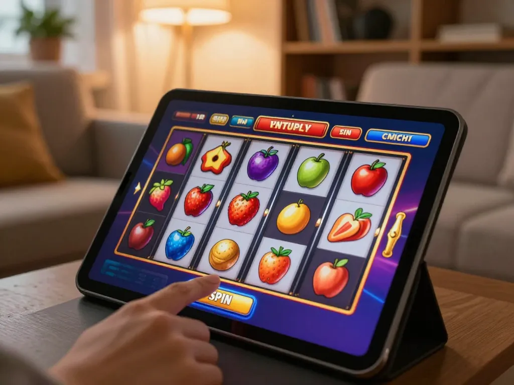 Engage in thrilling online gaming with oli4d login as vibrant slot reels spin on a tablet.
