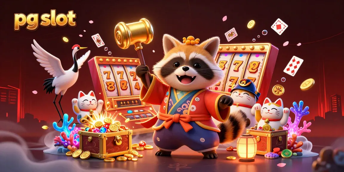 Experience the thrill of pg slot gaming with cheerful characters and vibrant casino elements in this exciting illustration.
