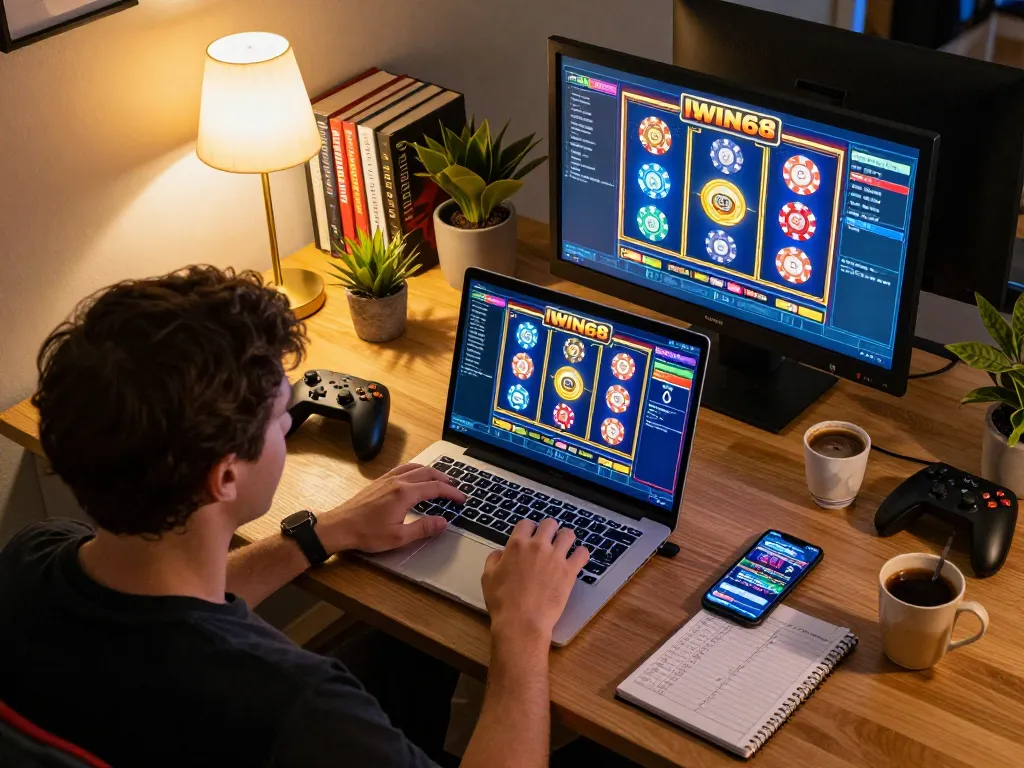 IWIN68 online gaming scene with player focused on vibrant slot graphics and strategy notes.