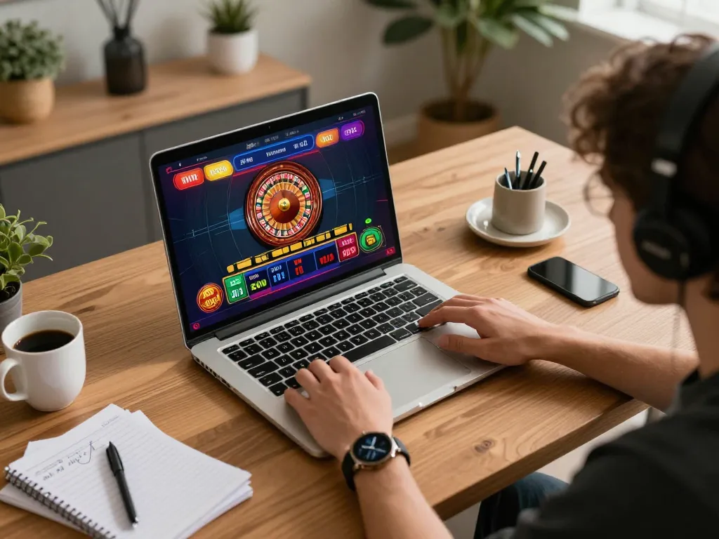 Engaged player at nhà cái goal123 using laptop for live dealer gaming, showcasing exciting gameplay