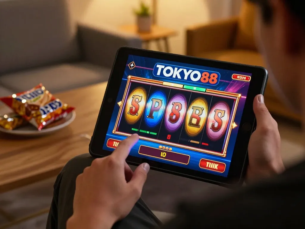 Pemain menikmati slot online TOKYO88 di tablet, merayakan kemenangan dalam suasana rumah yang nyaman.
