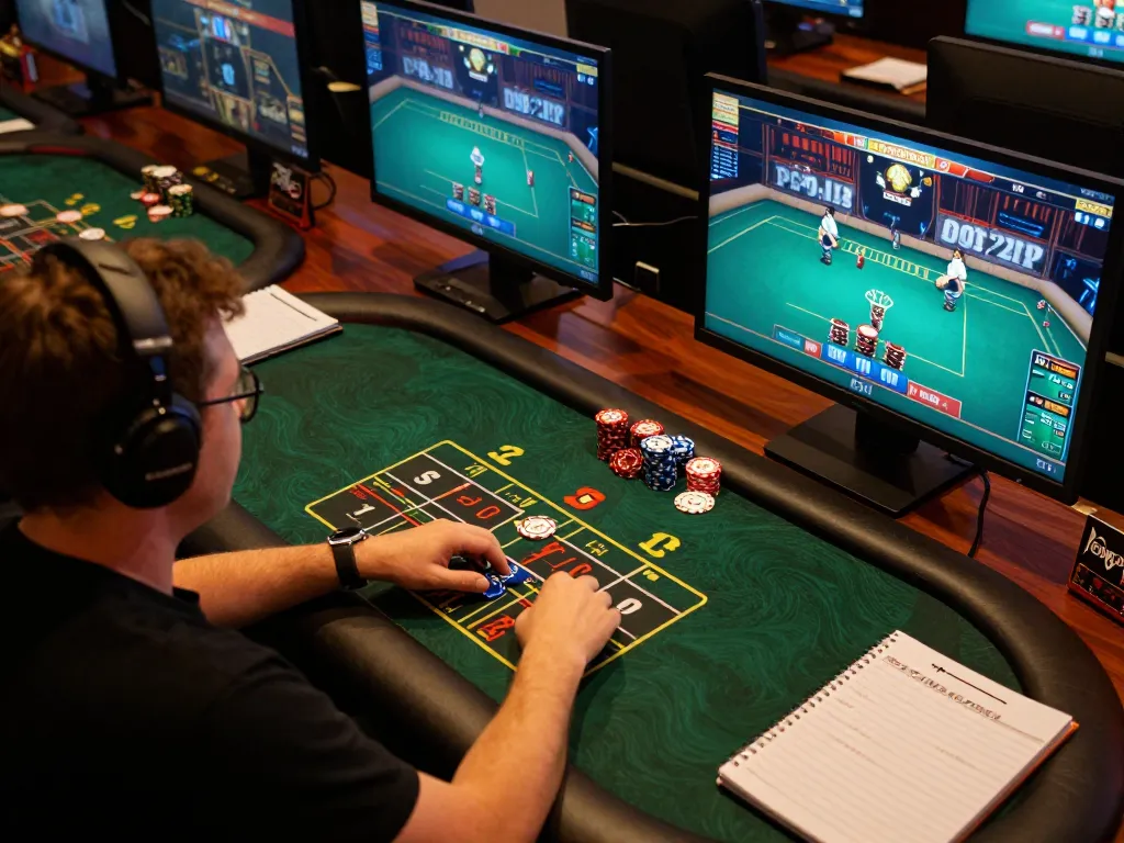 Engaged gamer enjoying a live poker session at 100VIP platform with multiple screens showcasing intense gameplay.