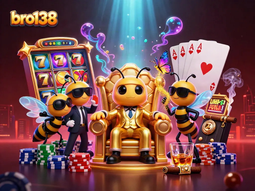 Experience the excitement of bro138 with a dynamic casino-themed illustration featuring vivid slot reels and colorful poker chips.