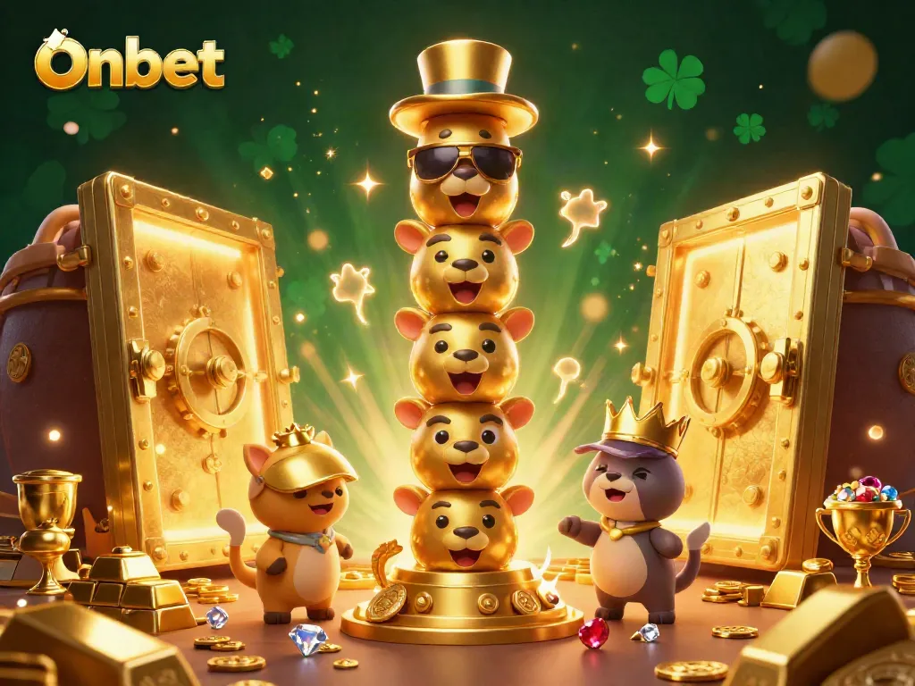 Join the thrilling action of Onbet with golden treasures and mystical totem characters in this vibrant casino scene.