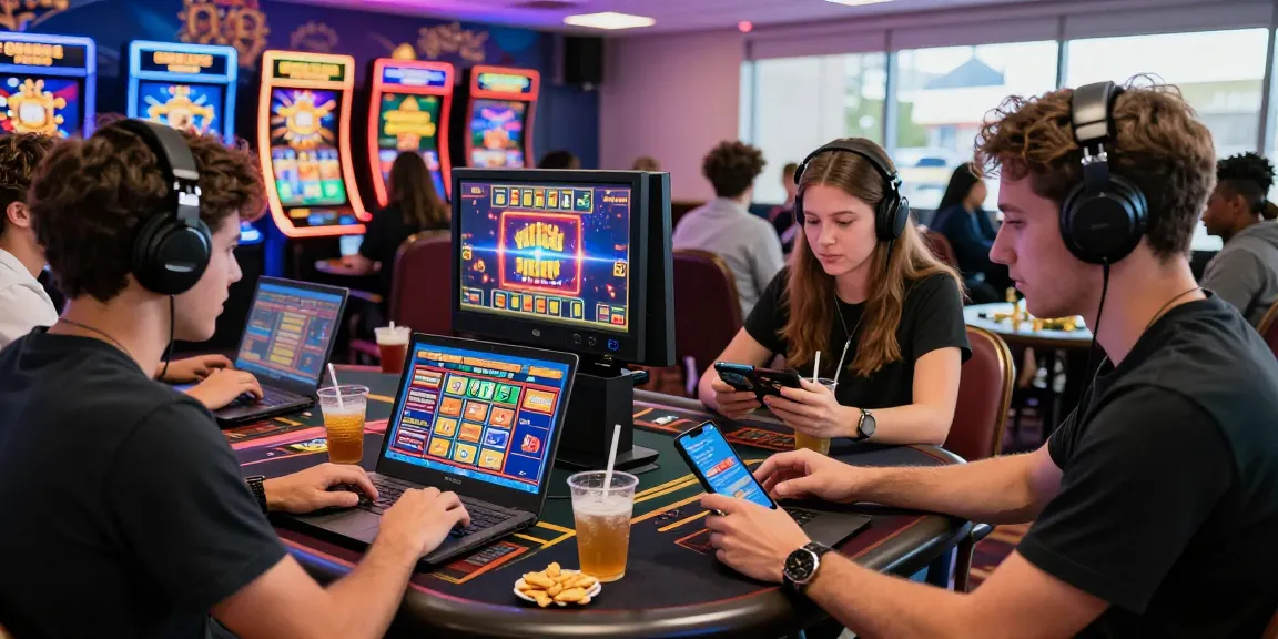 Engaging scene of players at online casinos that accept credit cards, with vibrant game graphics and a lively atmosphere.