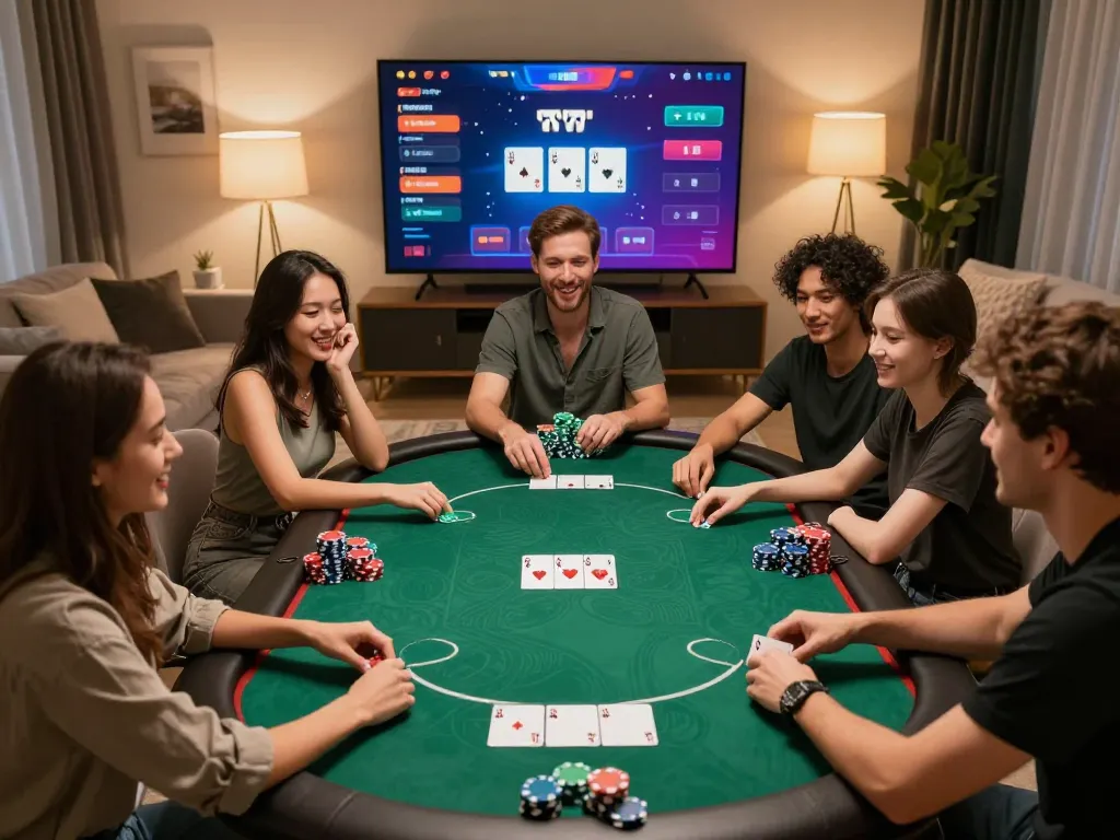 Permainan poker online Ombak77 yang menampilkan pemain merayakan kemenangan besar di suasana rumah yang bergaya