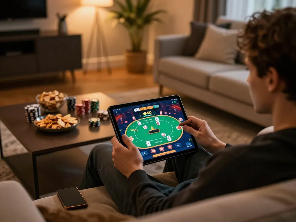 Engaged gamer using the W4U app on tablet, illuminated by warm lighting and cozy home decor