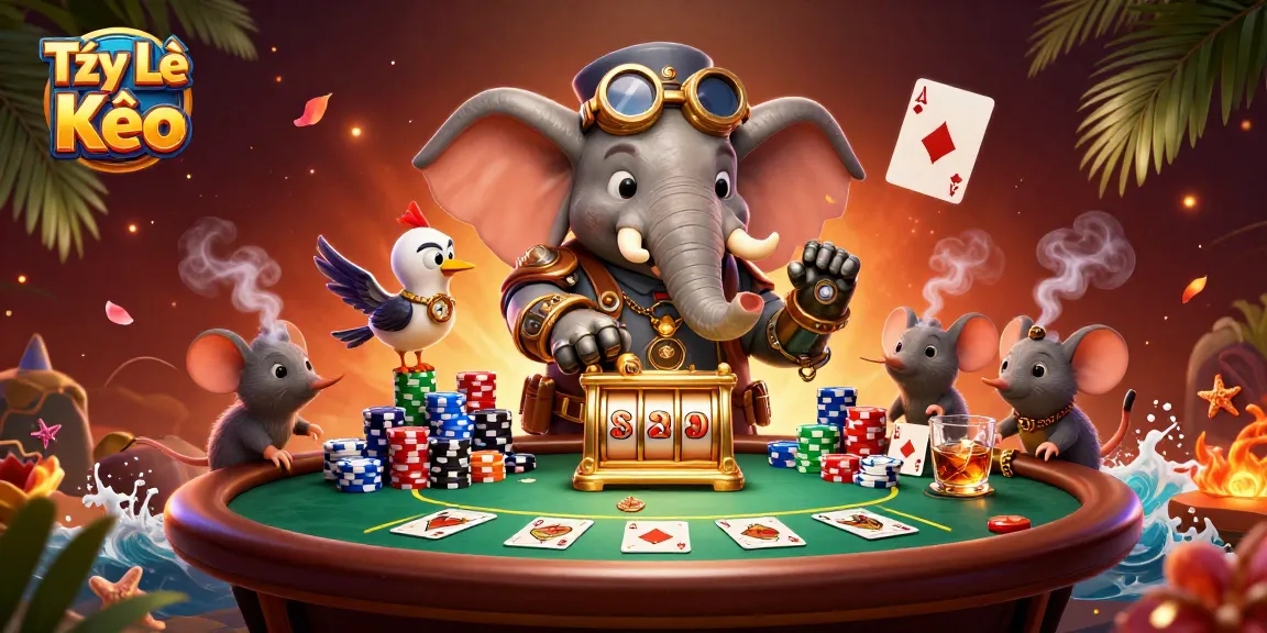 Tỷ Lệ Kèo showcases a steampunk elephant engineer playing slots with poker chips and cards in a vibrant casino scene