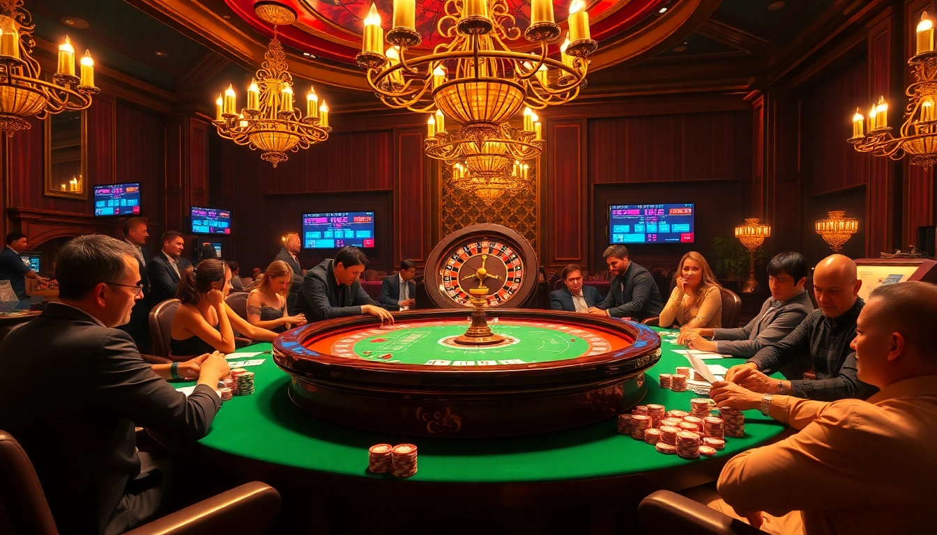 Players enjoying kèo nhà cái at a vibrant casino poker table, surrounded by chips and cards.