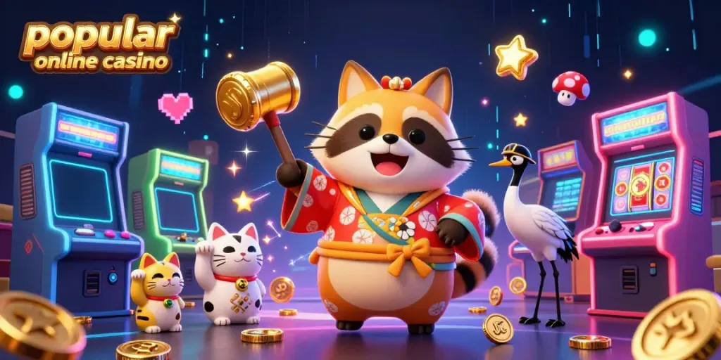 Engage at the popular online casino gaming with a festive tanuki and unique characters celebrating winnings.