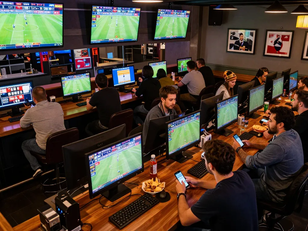 Tỷ lệ kèo nhà cái hôm nay displayed on screens in a lively sports betting atmosphere