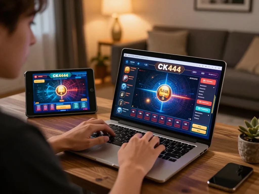 Player engaging with CK444 online casino game on laptop, showcasing diverse betting interface in a cozy home setting.
