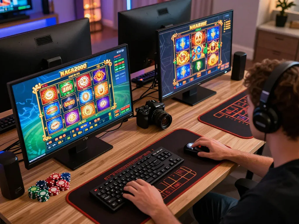 NAGA2000 player engaging intensely with online slot games in a modern gaming setup, showcasing strategy and excitement.