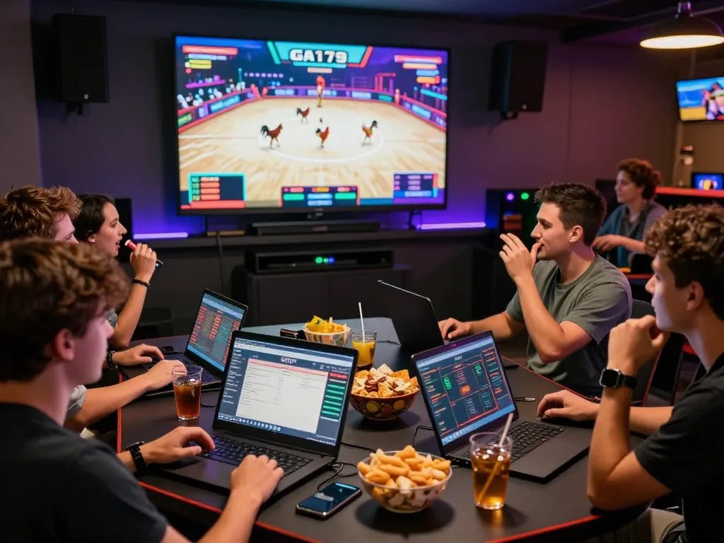 Group enjoying GA179 live cockfighting event with laptops and drinks.