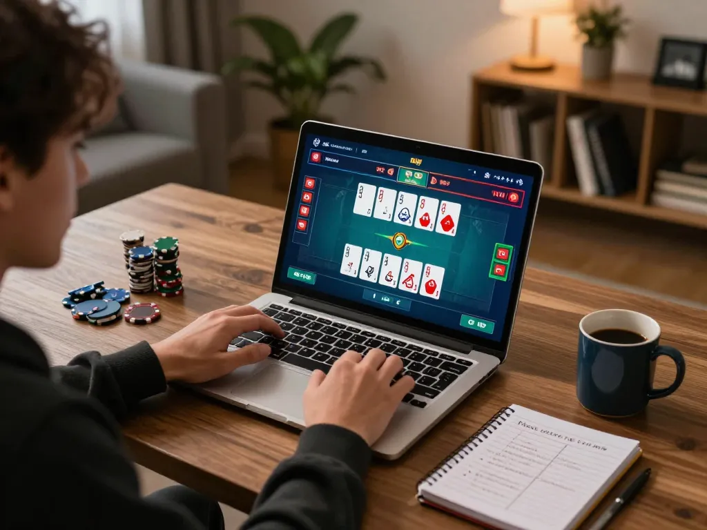 Engaging moment at non gamstop casinos with a player assessing their poker strategy at home