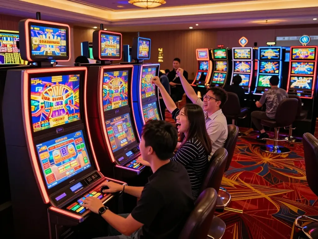 Pemain bersenang-senang di mesin slot kasino online AMAN788, lampu berwarna-warni dan kegembiraan permainan.