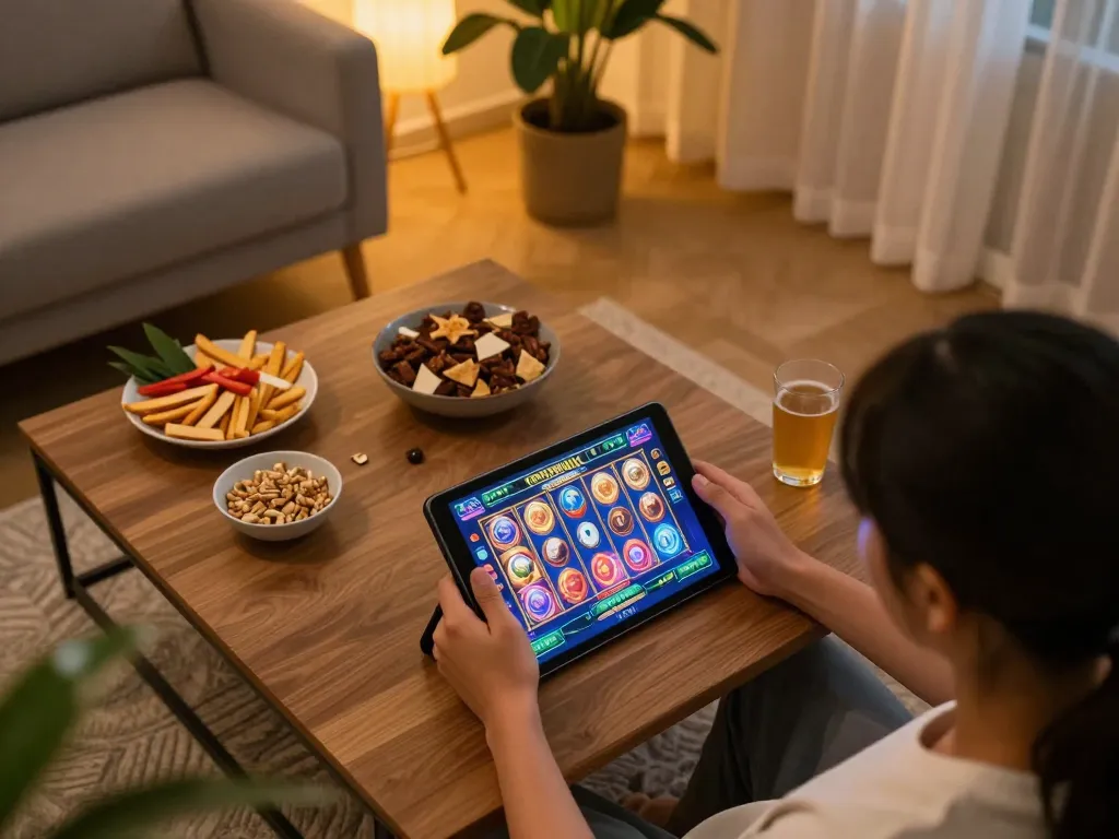 Engaging in slot gacor hari ini gaming on a tablet in a cozy home setup