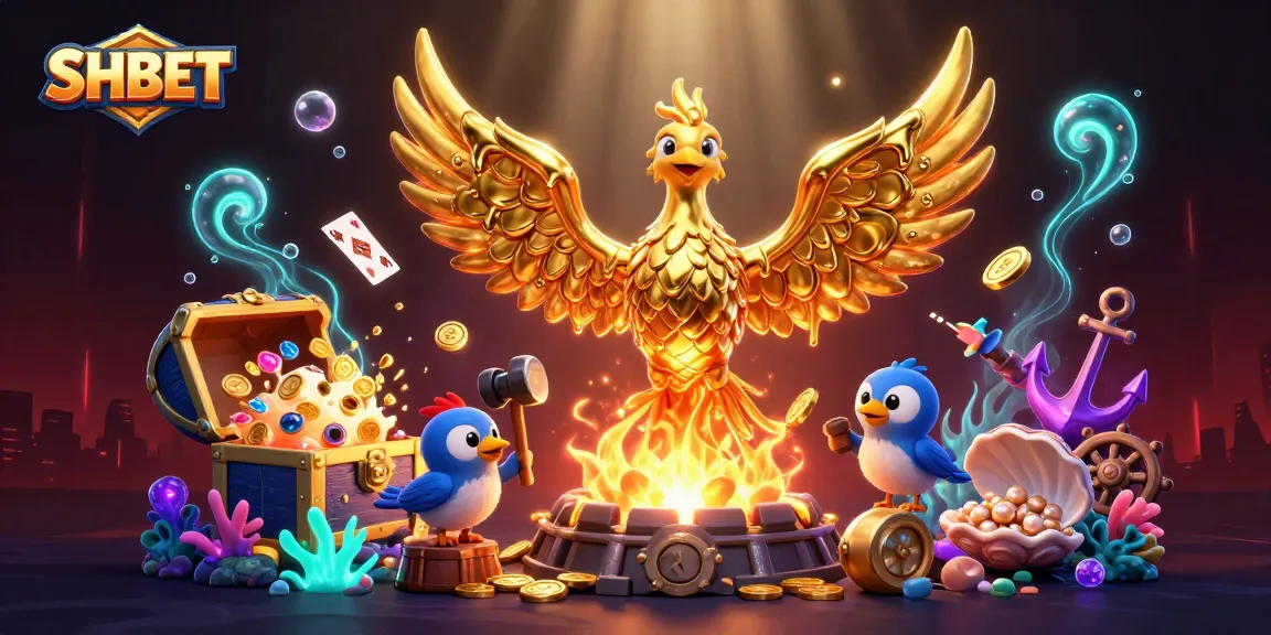 Engage with SHBET's exciting gaming experience featuring a molten golden phoenix amidst casino elements.