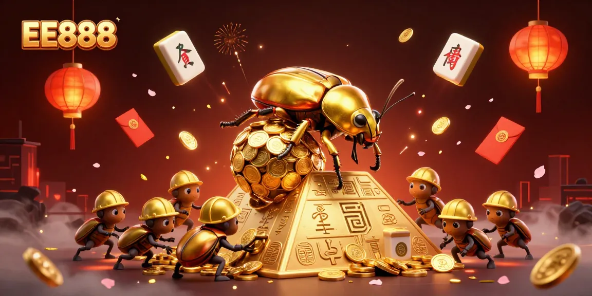 Engage with EE888, the captivating online casino experience featuring dynamic golden beetles and casino symbols.