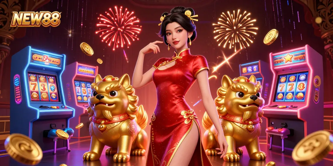 Experience the excitement of NEW88 with a captivating 3D casino scene featuring vibrant games and charming characters.
