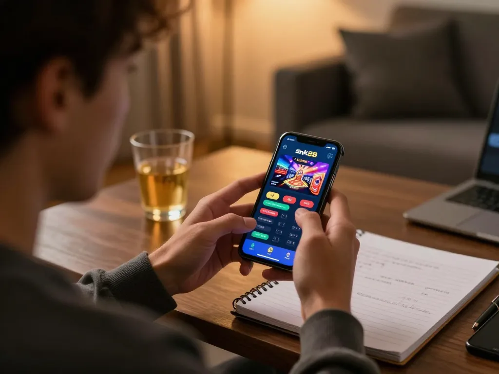 Engaging user playing on the snk88 casino app, highlighting excitement in a cozy home setting.