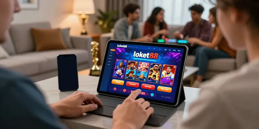 Engaging loket88 gaming scene with a player using a tablet in a lively living room.