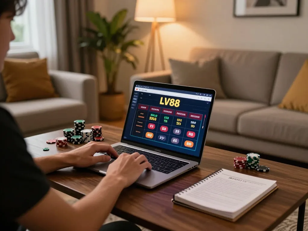Engaged player using the LV88 platform on a laptop, showcasing an online gambling experience with warmth and comfort.