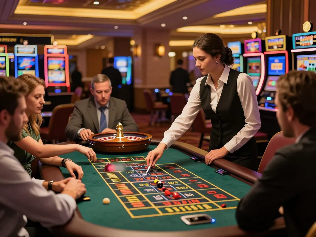 Players engaging at a roulette table in a lively casino, showcasing 9bet’s thrilling atmosphere.