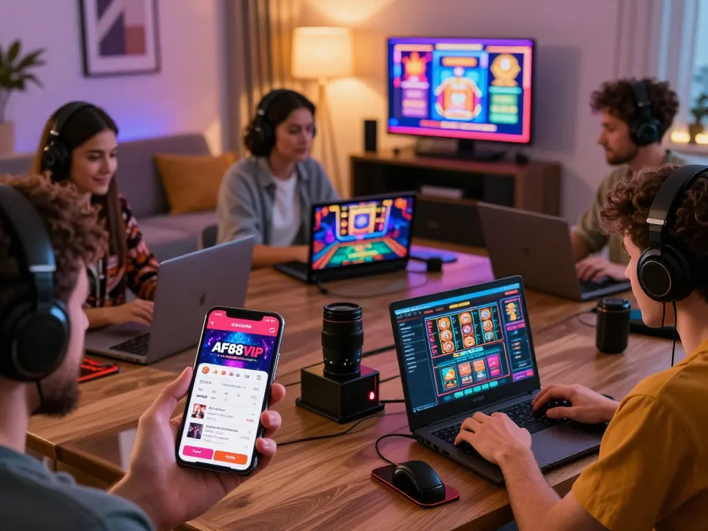 AF88 VIP gaming scene with players enjoying live casino and slot games on various devices in a cozy environment.