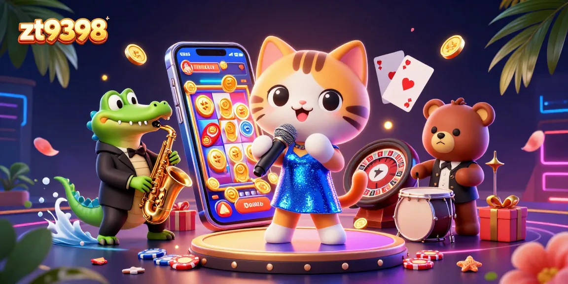 Experience the excitement with zt9398's vibrant casino scene featuring a jazz-singer cat, saxophone crocodile, and drum-playing bear.