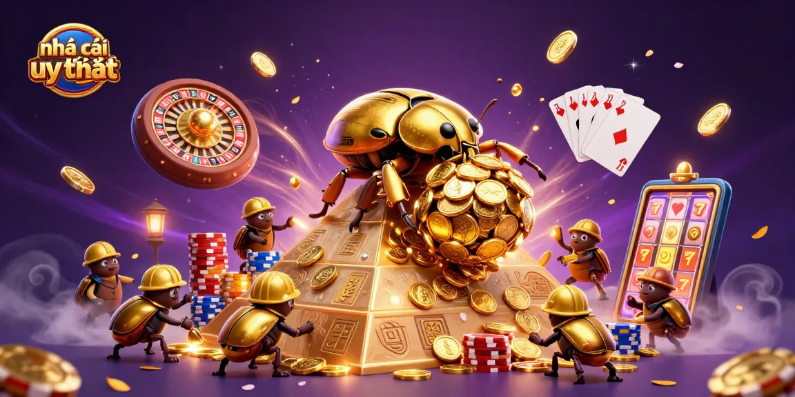 Experience thrilling games at nhà cái uy tín, where a golden beetle rolls coins and gems in a vibrant casino setting.