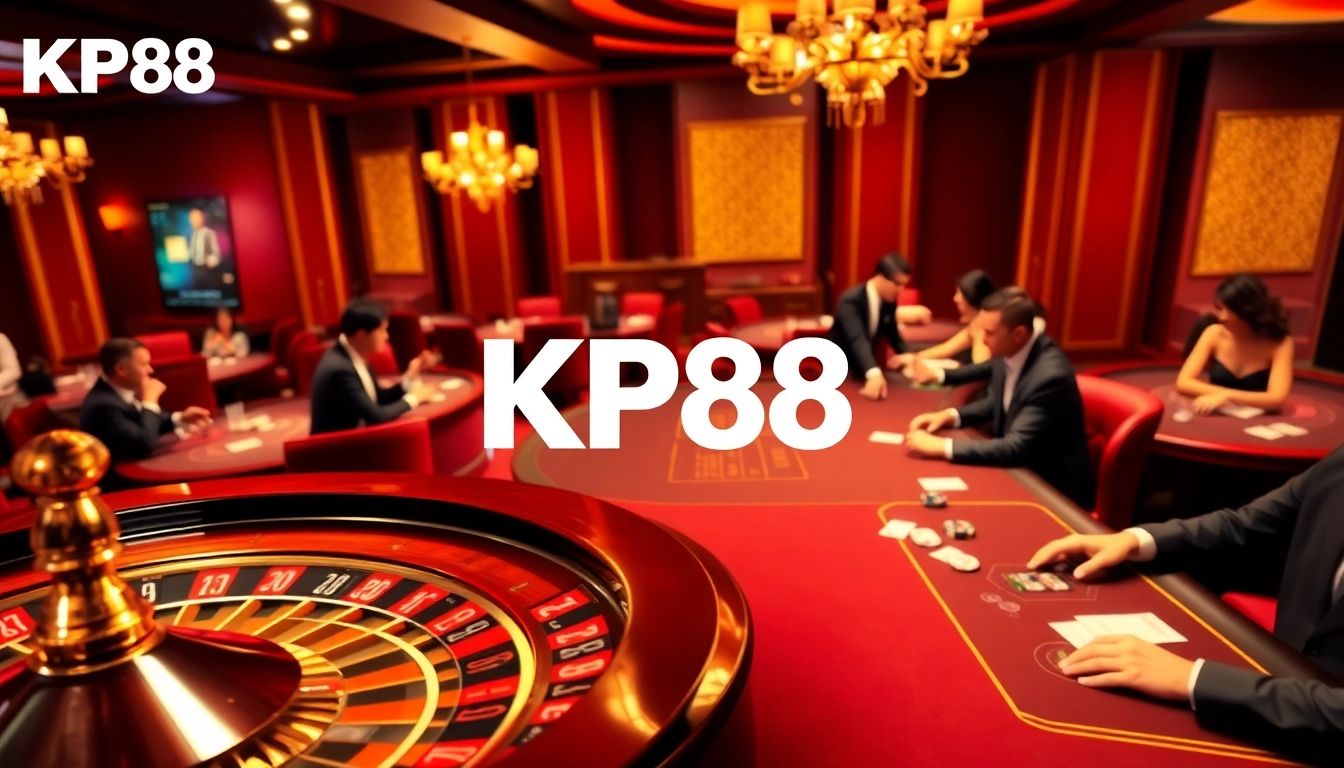 Players engage in a thrilling game at KP88's luxurious casino tables, showcasing excitement and professionalism.