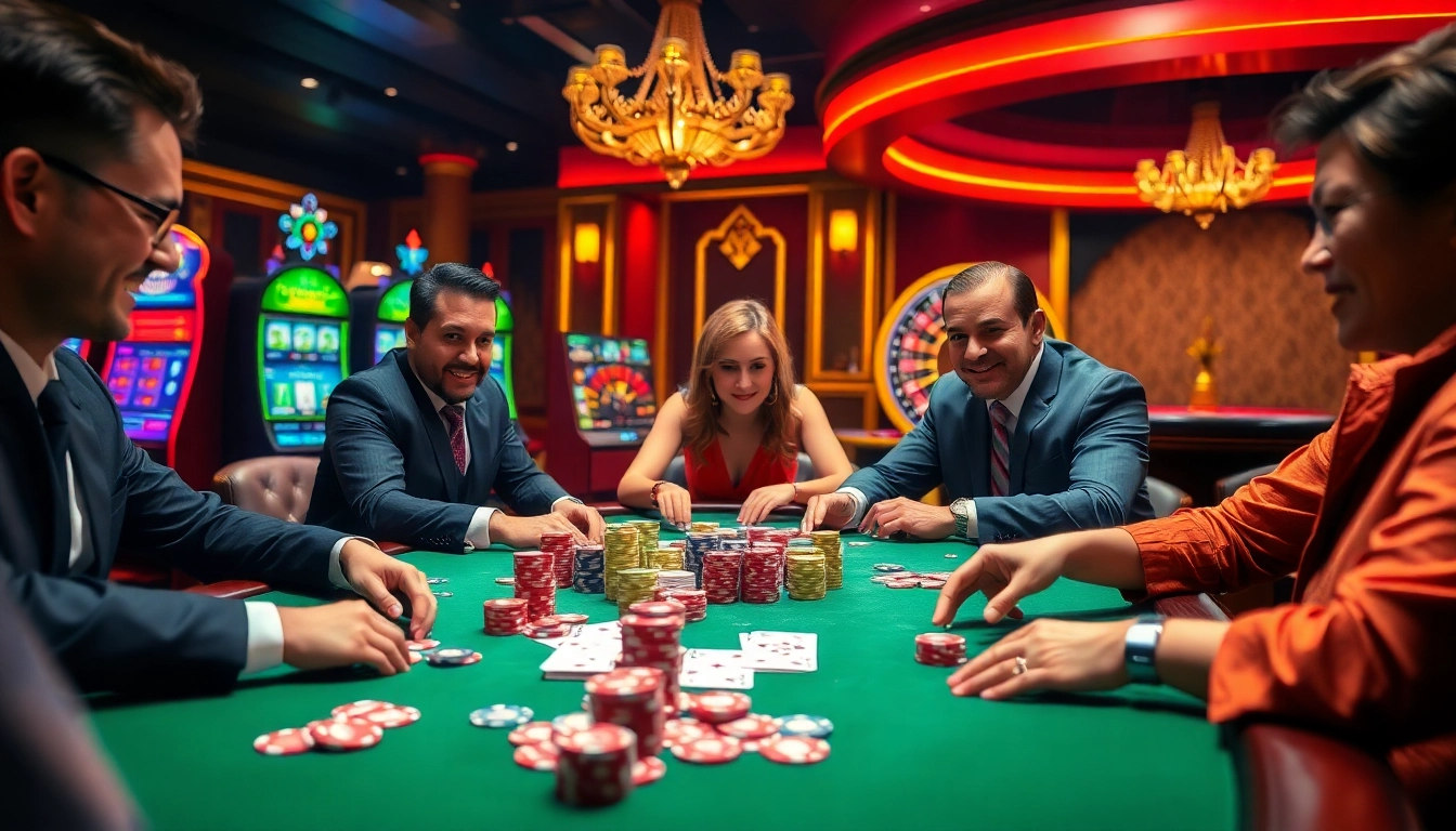 Experience thrilling poker action at i9bet's luxurious casino table, featuring colorful chips and engaged players.