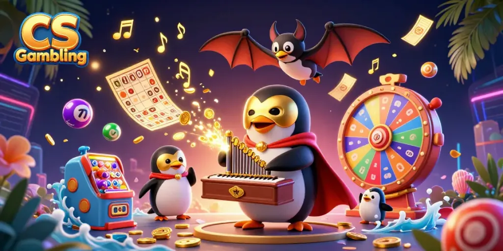 Experience CS Gambling with a lively 3D illustration of a penguin character amidst dynamic casino elements.