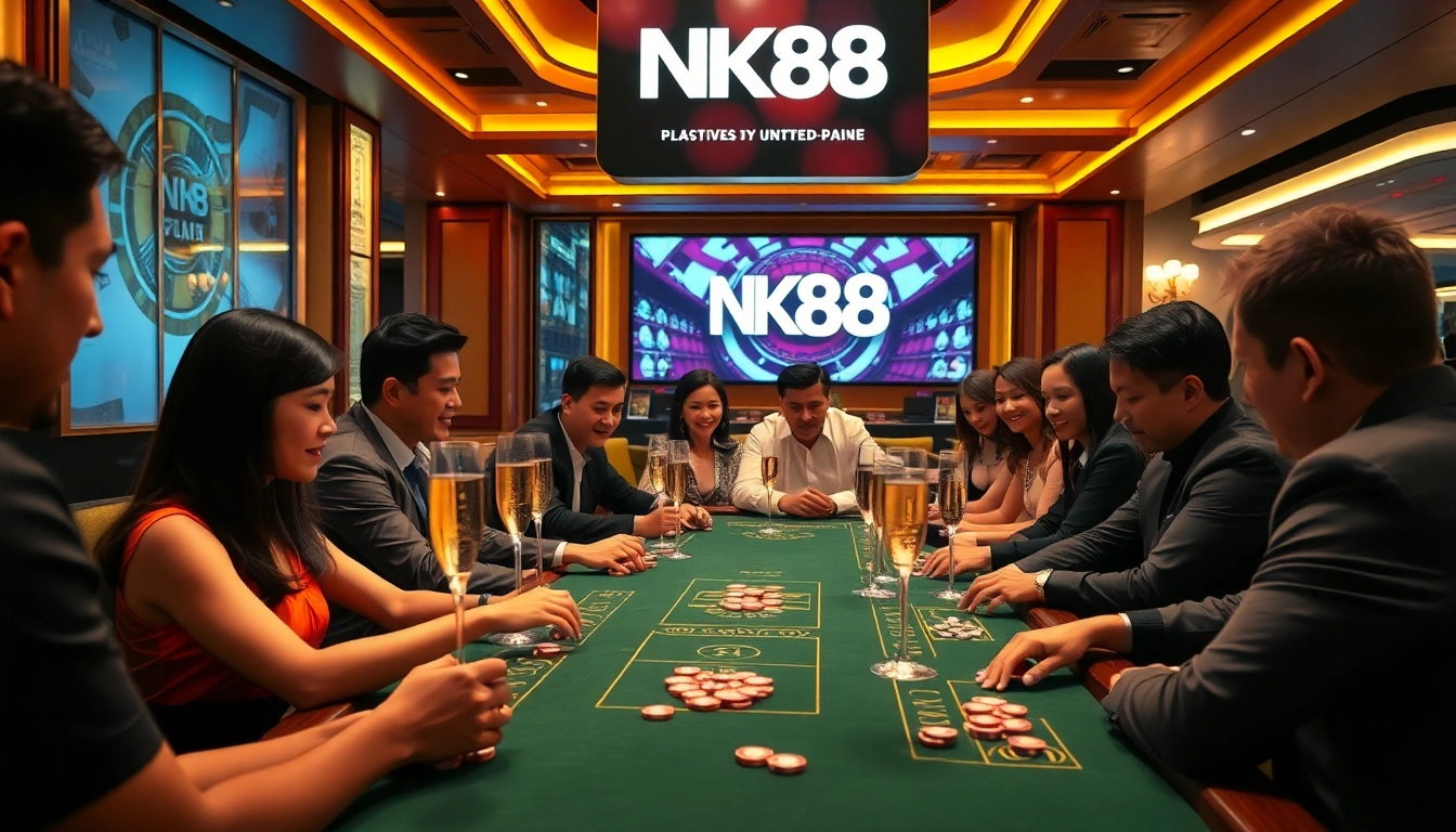 Players enjoying a thrilling poker game at NK88, featuring luxurious decor and shimmering chips.