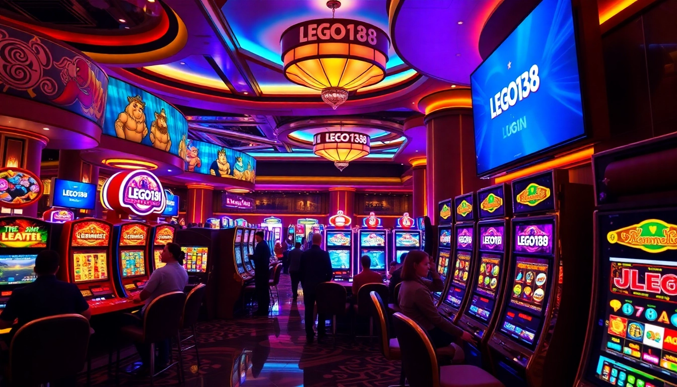 Exciting players engaging with 'LEGO138 LOGIN' at vibrant casino slot machines.