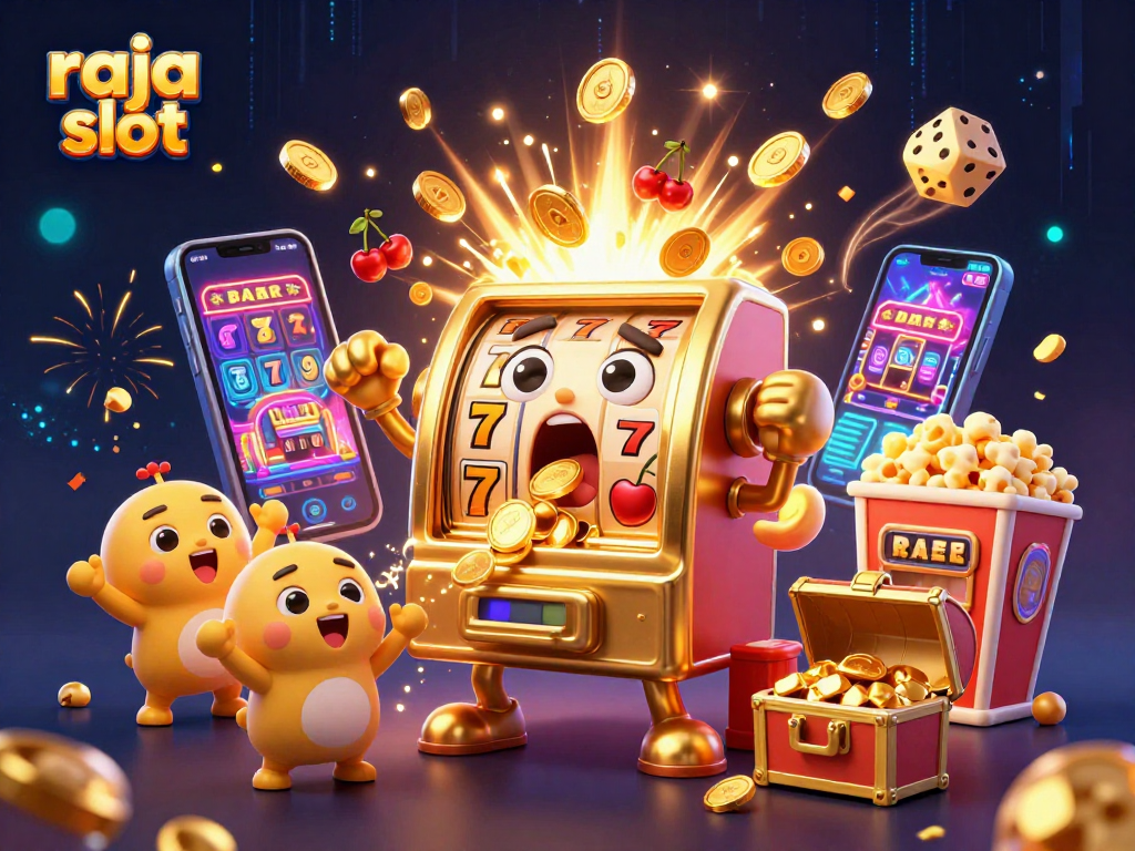 Experience raja slot excitement as a golden slot machine hits a jackpot amidst cheering fans and dazzling visuals.