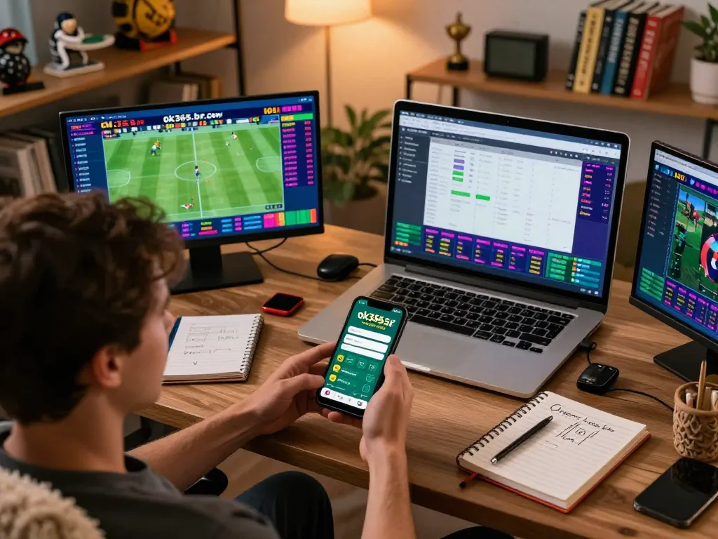 Engaging with sports betting on ok365.br.com app, featuring dynamic live odds and strategies in a modern home office.