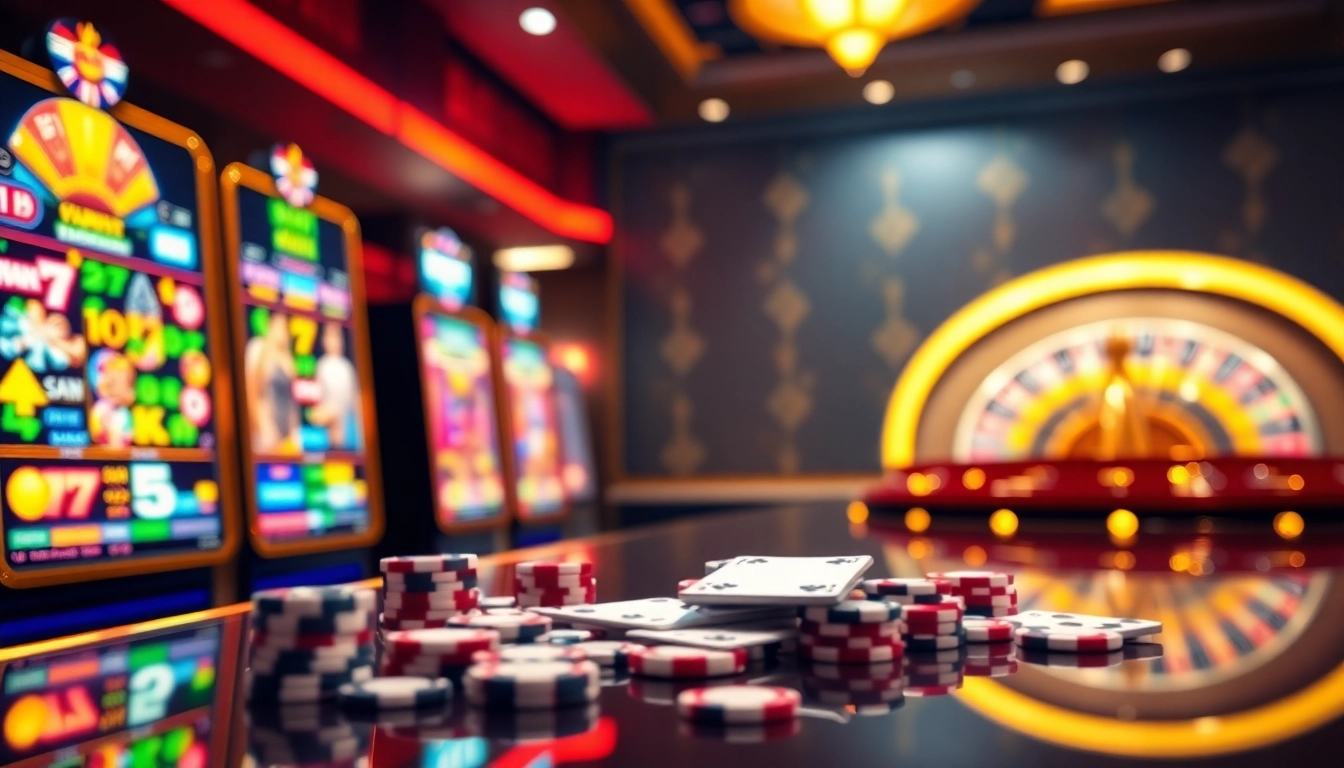 Experience the thrill of winning with slot777 login at a luxurious online casino featuring vibrant slot machines and poker chips.