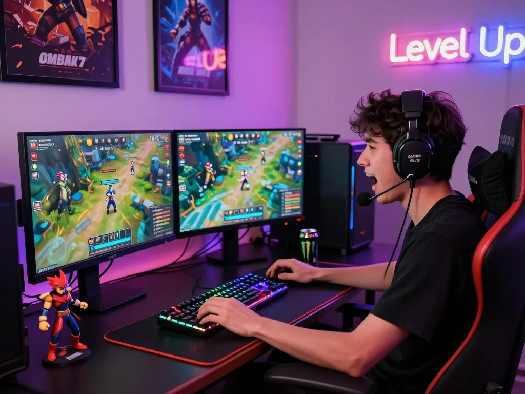 Player immersed in OMBAK77 game setup with vibrant visuals and gaming gear.