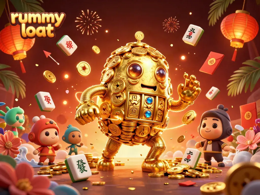 Engage with rummy loot in a vibrant scene featuring a golden golem and festive gambling elements.