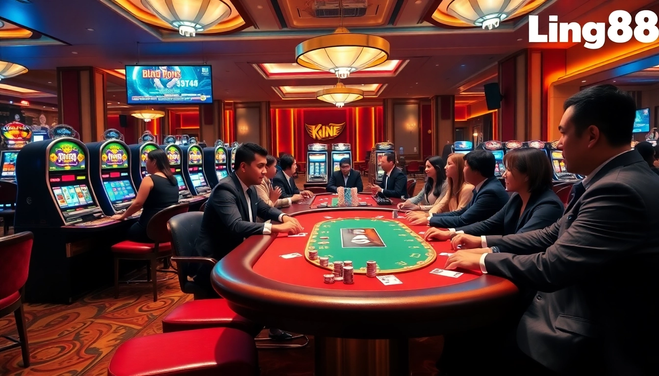 Experience the excitement of King88's vibrant casino scene with players at a poker table.
