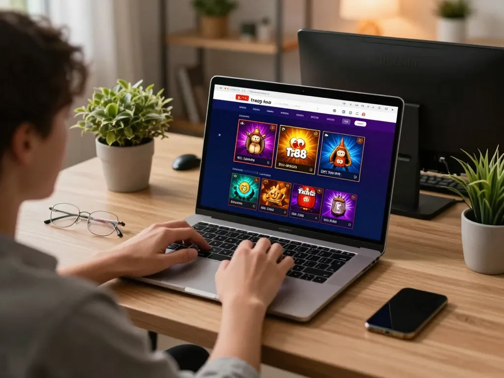 Gambling enthusiast engaging with Tr88 trang chủ on a laptop in a cozy home setting.