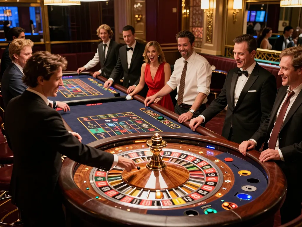Players celebrate a winning spin at the roulette table in a vibrant casino, showcasing dynamic gameplay with m104.