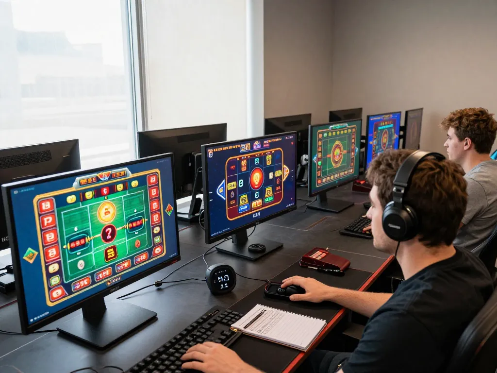 Setup permainan sada-ar yang menampilkan pengalaman kasino online yang berwarna-warni dengan layar yang menampilkan permainan dan taruhan strategis