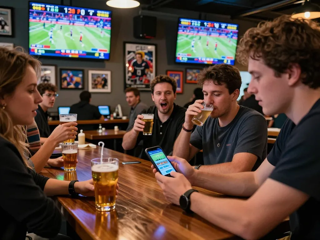 SBOBET mobile betting excitement at a sports bar with friends as they cheer and engage.